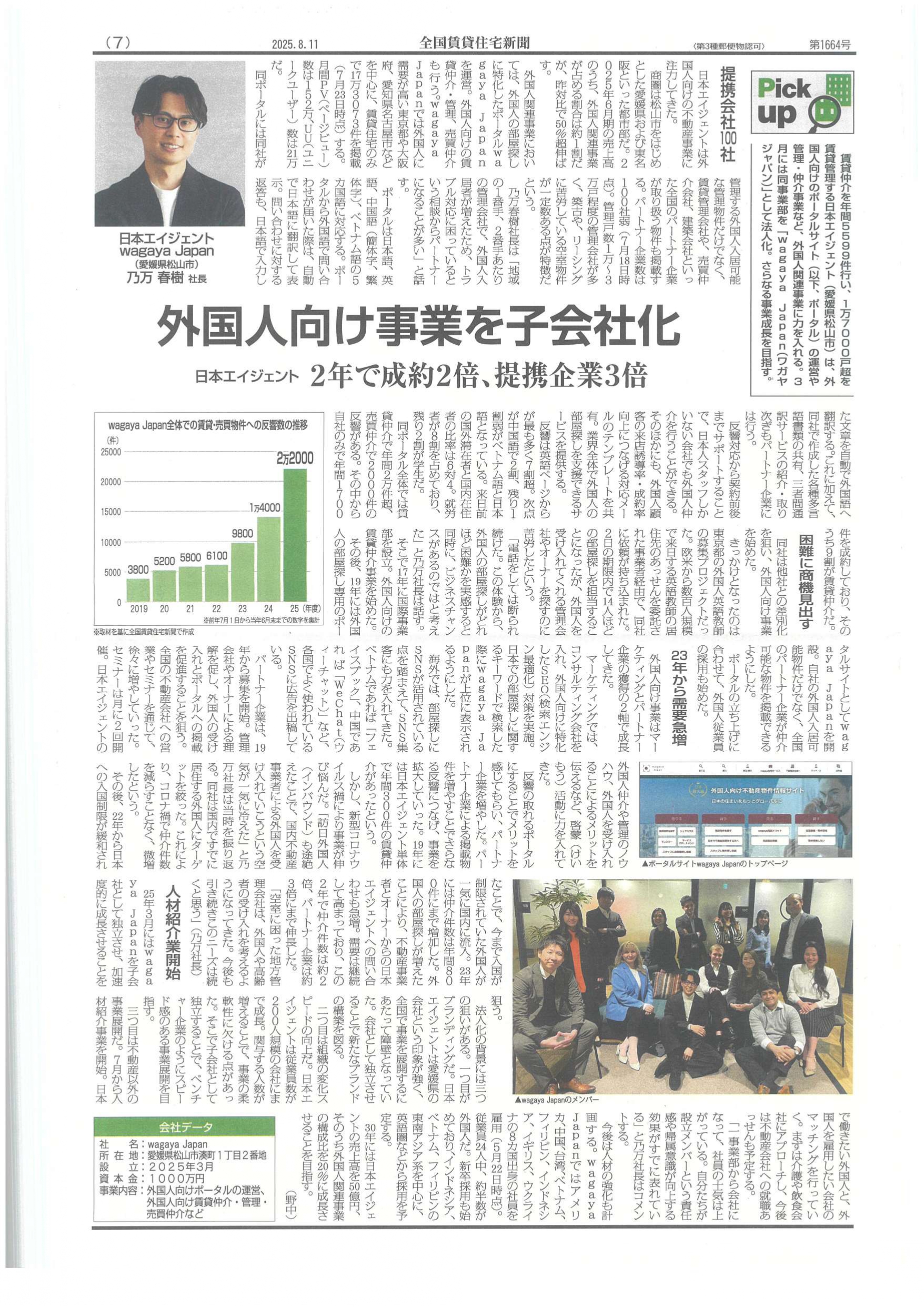全国賃貸住宅新聞掲載】wagaya Japan株式会社について取材・掲載され